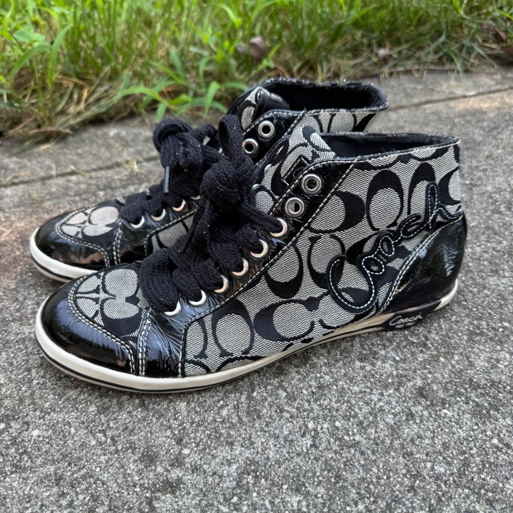 Coach Brendi High Top Sneakers Womens 7.5B Black Signature C Monogram Q1083